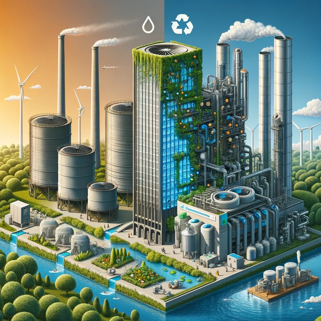 DALL·E 2024-02-17 13.56.34 - Illustrate the technological evolution from traditional, chemical-dependent cooling towers to the modern, environmentally friendly BALS Liquid System