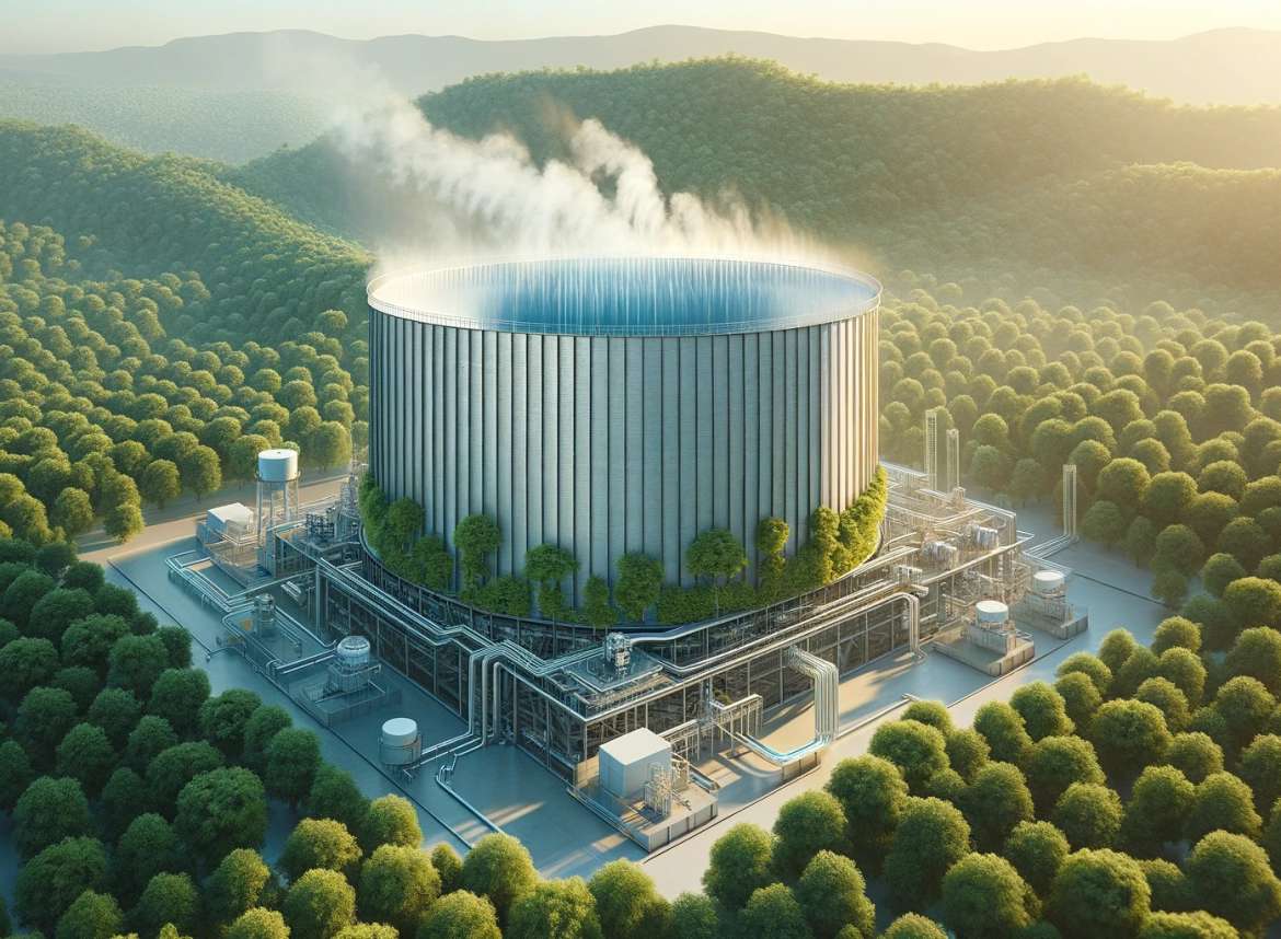 Computergenerierter Kühlturm inmitten eines Waldes, der die Integration von Industrietechnologie in die natürliche Umgebung veranschaulicht.