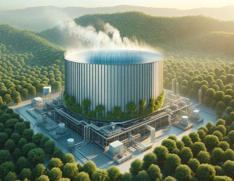 Computergenerierter Kühlturm inmitten eines Waldes, der die Integration von Industrietechnologie in die natürliche Umgebung veranschaulicht.